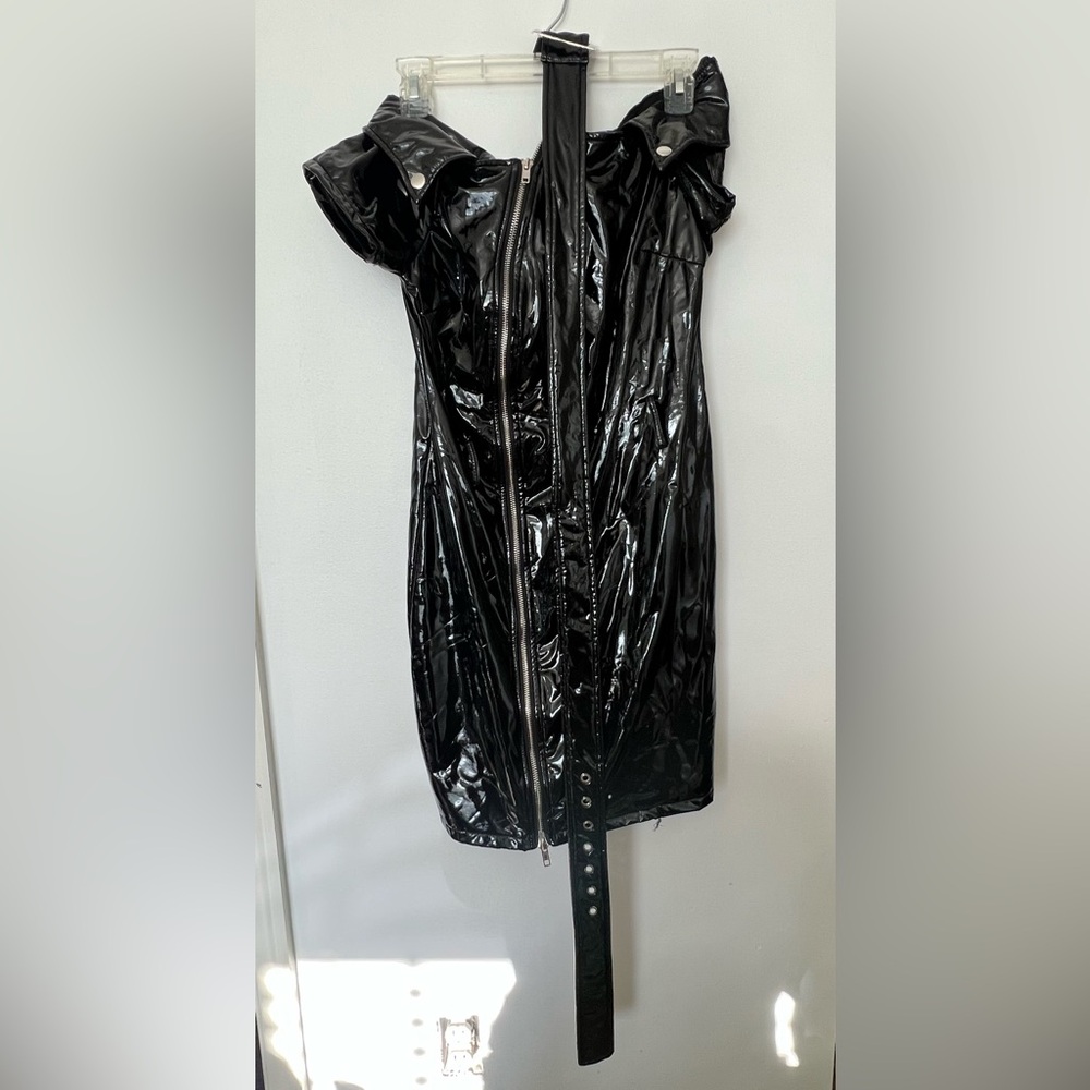 Black Faux Patent Leather Zip-Up Dress